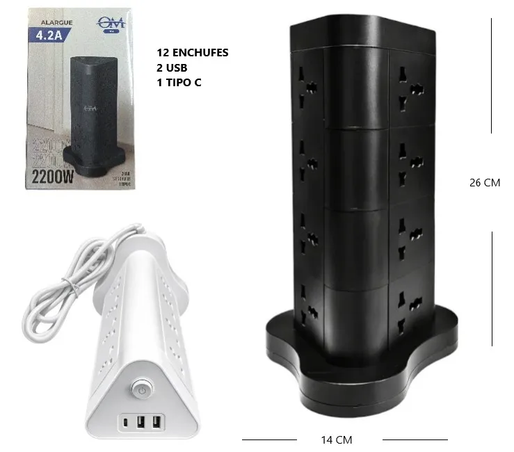 Zapatilla Torre de Carga Universal 12 Enchufes + USB